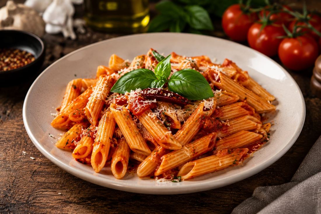 Penne à la sauce tomate, basilic et parmesan